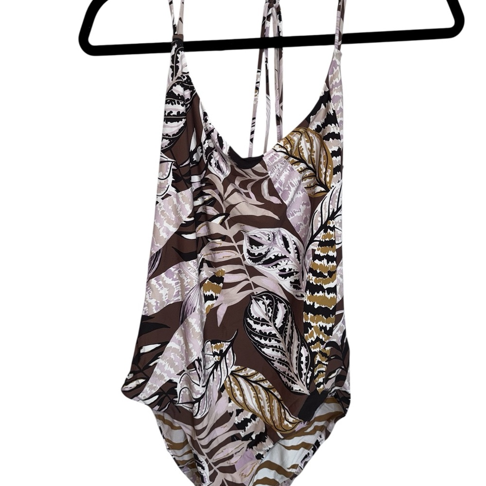 Unsubscribed Tropical Leaf One-Piece Swimsuit - Brown/White/Mauve Print NWNT